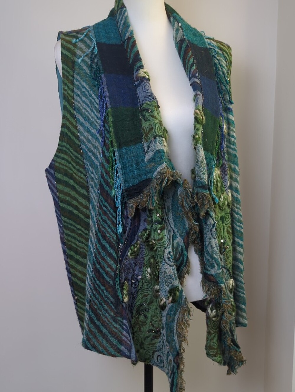 Anu by Natural 100% Wool Paisley Patchwork Beaded Boho Draped Vest Green Blue XL - Picture 13 of 16